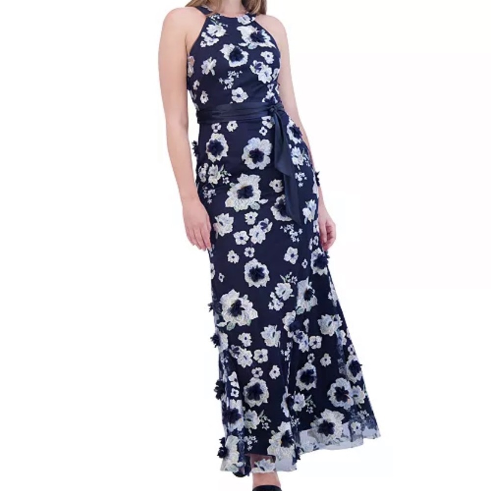 Eliza J navy blue and white floral size 6 sleeveless floor length dress